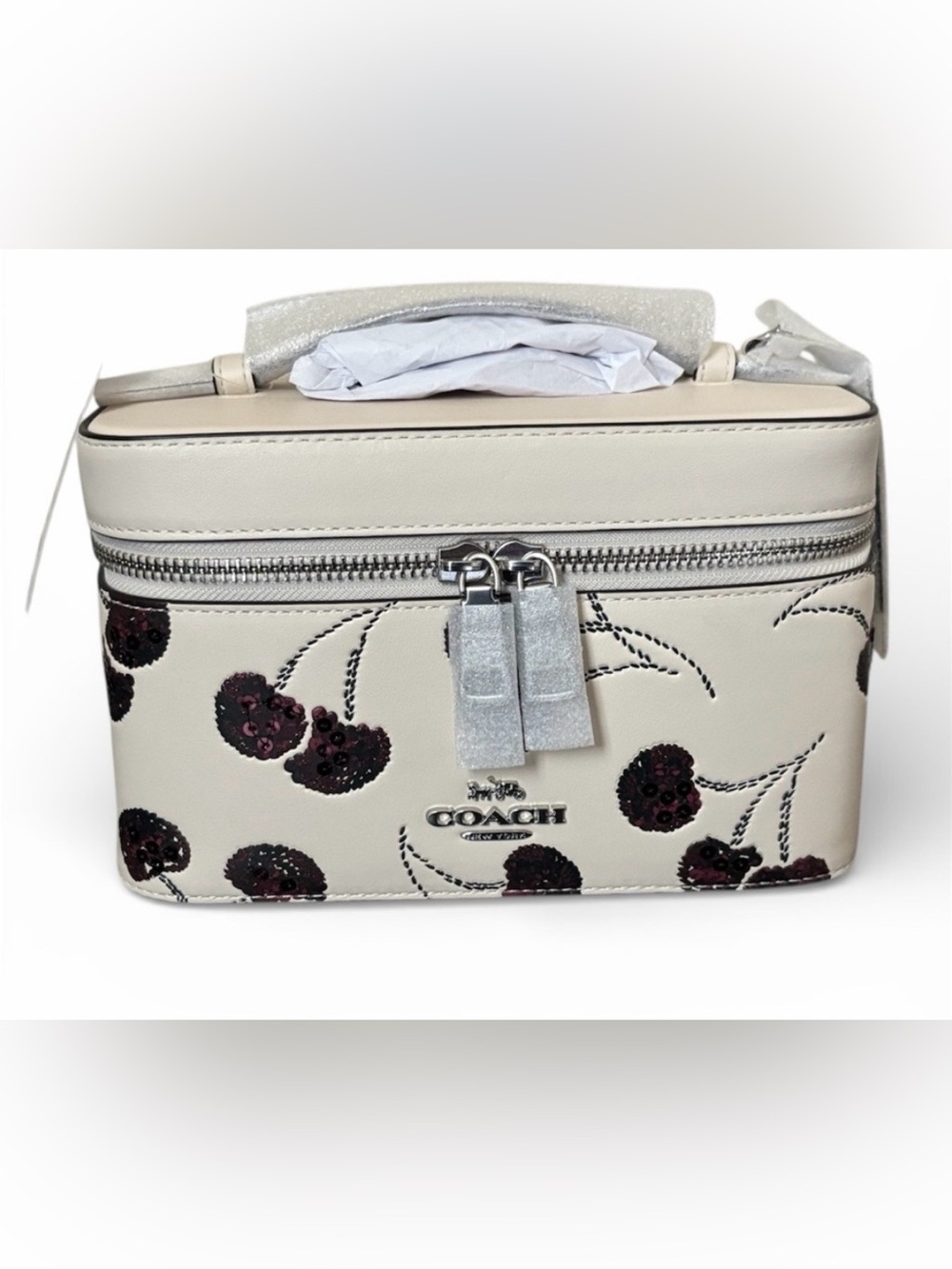 Coach  Cream “Train” Case with Sequin Cherry Motif & Mirror inside! 🍒 NWT
